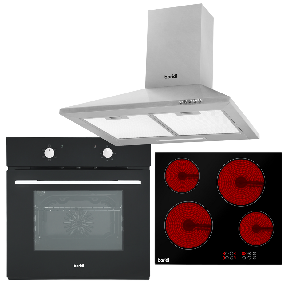 Baridi DH185  Integrated Ceramic Hob with 4 Cooking Zones, Integrated Fan-Assisted Electric Oven & Cooker Hood with Carbon Filters