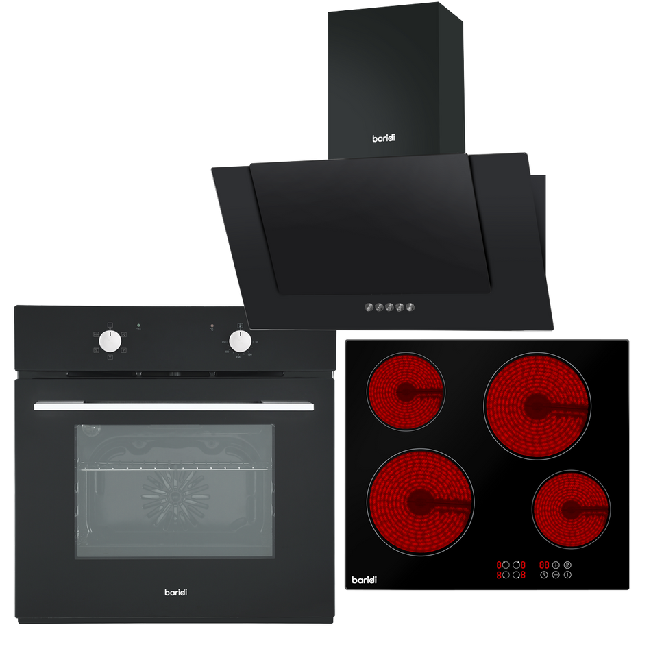 Baridi DH186  Integrated Ceramic Hob with 4 Cooking Zones, Integrated Fan-Assisted Electric Oven & Angled Chimney Cooker Hood with Carbon Filters & LED Lamp