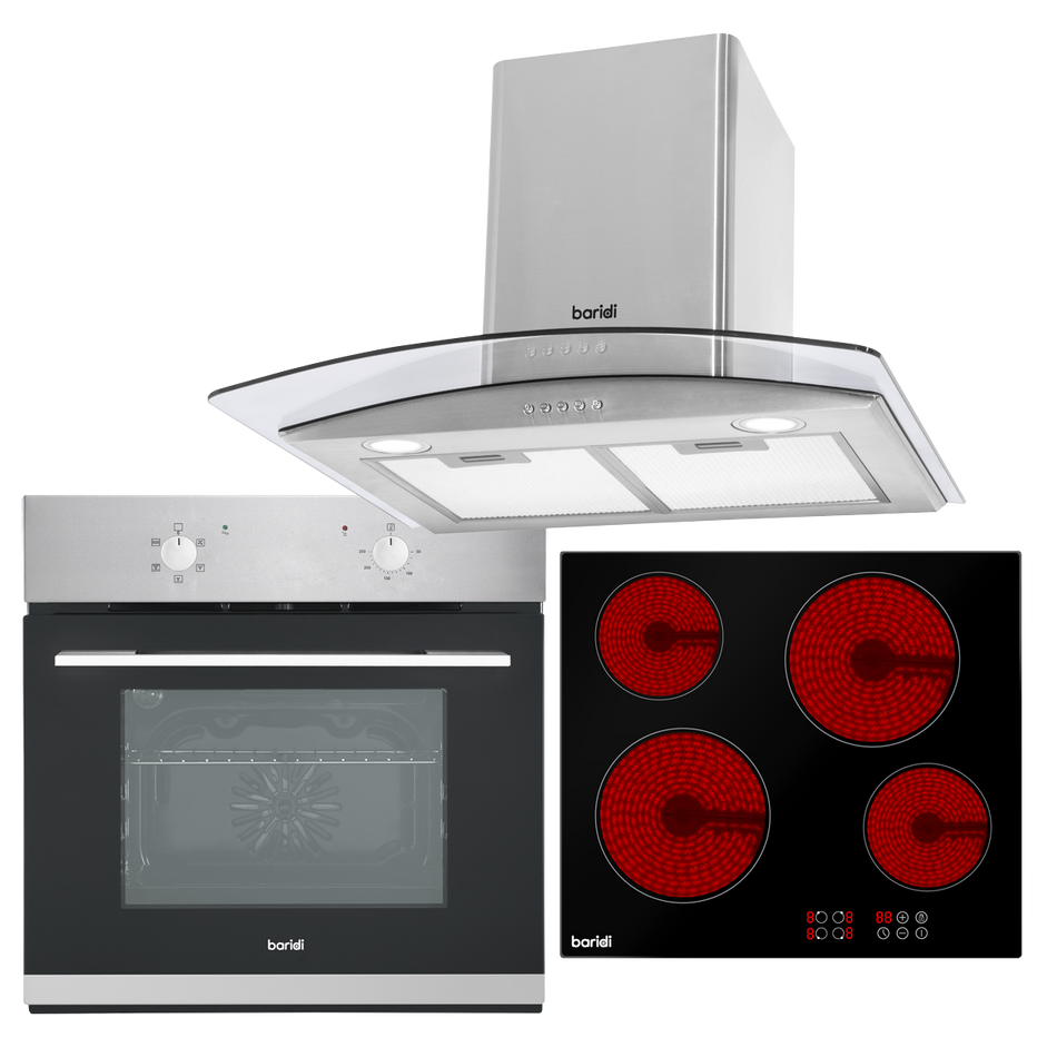 Baridi DH187  Integrated Ceramic Hob with 4 Cooking Zones, Integrated Fan-Assisted Electric Oven & Curved Glass Cooker Hood with Carbon Filters & LED Lights