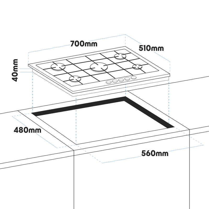 Sealey DH227 Baridi Gas Hob with 5 Cooking Zones 70cm - Stainless Steel