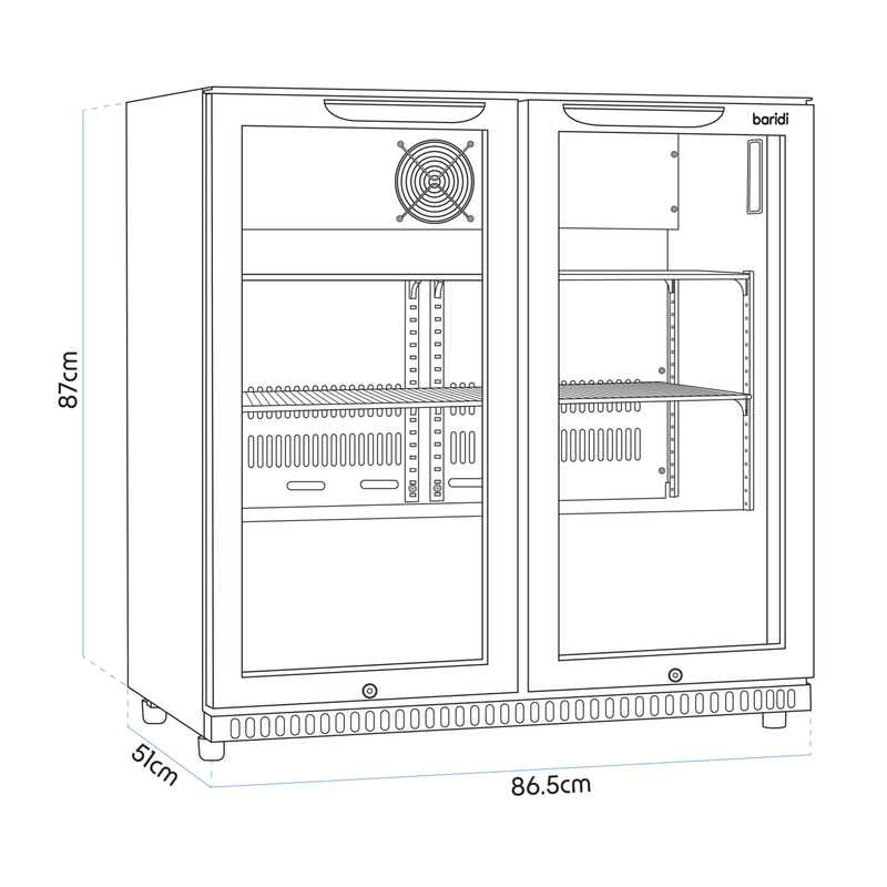 Baridi DH272  Hinged Double Door, Back Bar Drinks Fridge/Cooler, 190L Capacity
