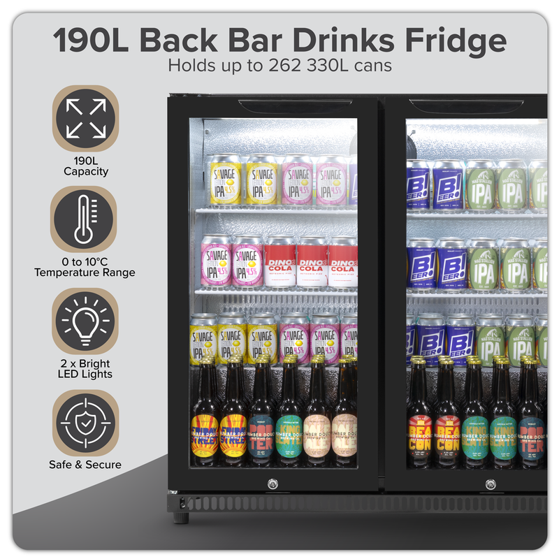 Baridi DH272  Hinged Double Door, Back Bar Drinks Fridge/Cooler, 190L Capacity