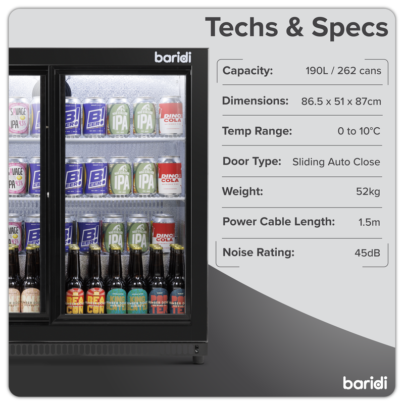 Baridi DH273  Back Bar Drinks Fridge/Cooler with Double Sliding Doors, 190L Capacity