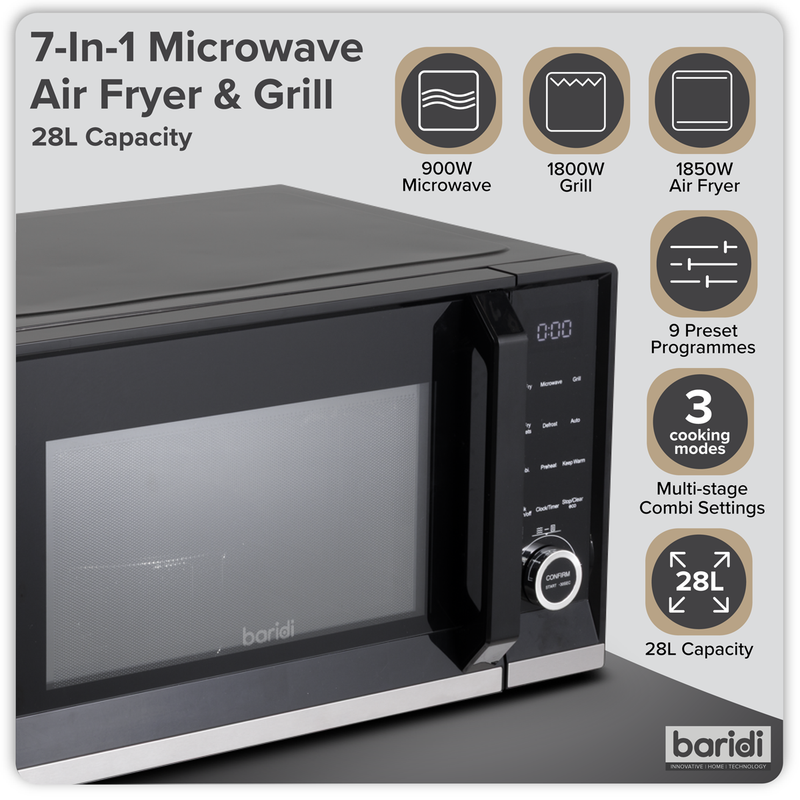 SEALEY DH277 Baridi 7-in-1 Air Fryer Microwave & Grill, 28L Capacity - Black