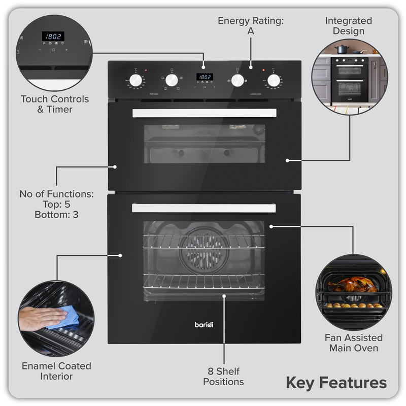 SEALEY DH278 72cm Built-Under Double Oven, 74L Capacity, Energy Rating A - Black