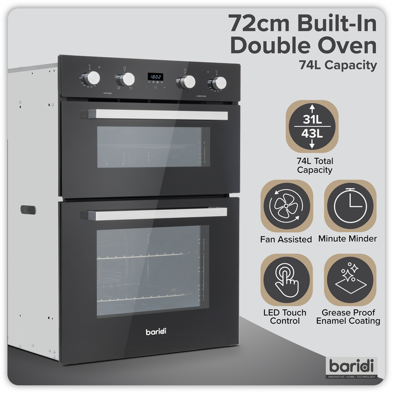 SEALEY DH278 72cm Built-Under Double Oven, 74L Capacity, Energy Rating A - Black