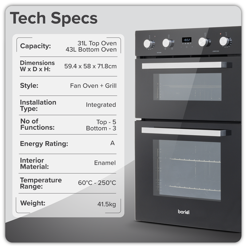SEALEY DH278 72cm Built-Under Double Oven, 74L Capacity, Energy Rating A - Black