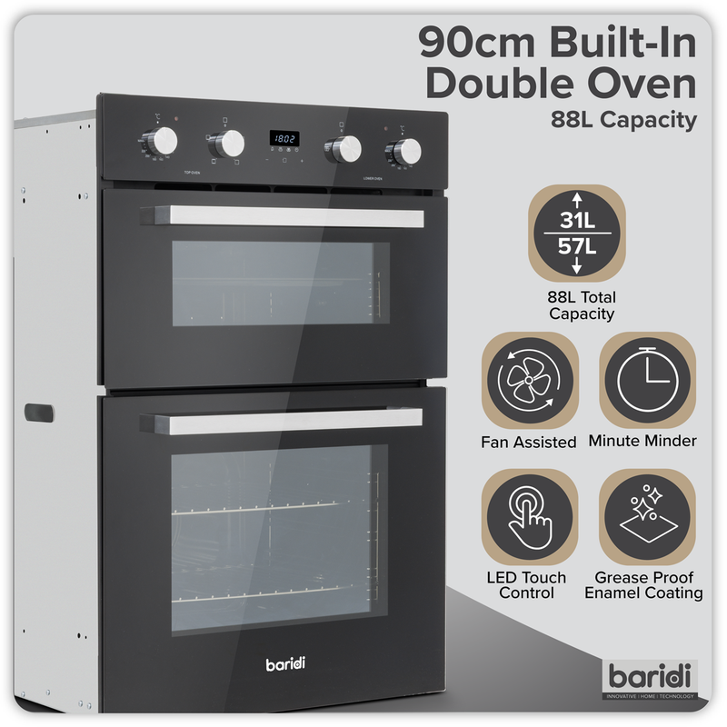 SEALEY DH279 90cm Built-In Double Oven, 88L Capacity, Energy Rating A - Black