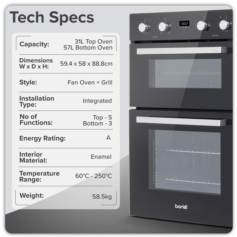 SEALEY DH279 90cm Built-In Double Oven, 88L Capacity, Energy Rating A - Black