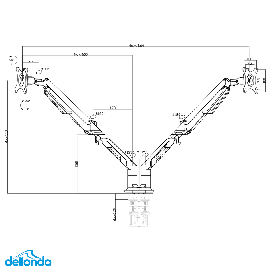 Dellonda DH27  Adjustable Double Monitor Arm with 360 degree Rotation - White