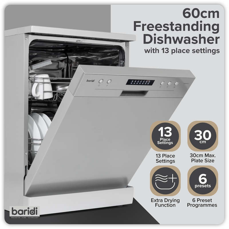 SEALEY DH280 Baridi Regular Sized Freestanding Dishwasher 60cm Wide 13 Place Settings - Silver