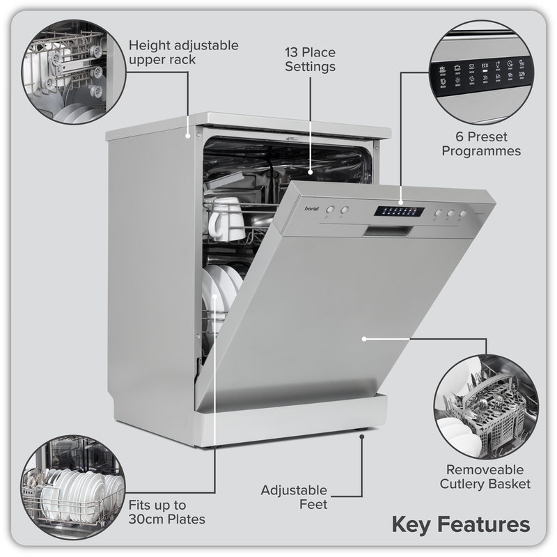 SEALEY DH280 Baridi Regular Sized Freestanding Dishwasher 60cm Wide 13 Place Settings - Silver