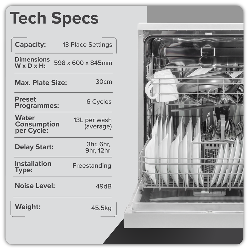 SEALEY DH280 Baridi Regular Sized Freestanding Dishwasher 60cm Wide 13 Place Settings - Silver