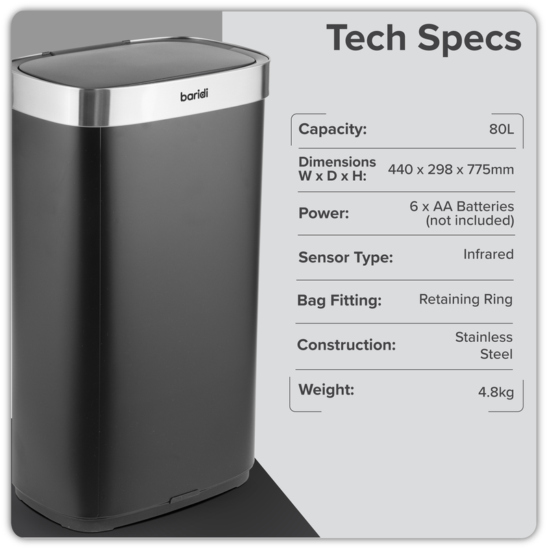 SEALEY DH283 Sensor Bin 80L - Black/Stainless Steel