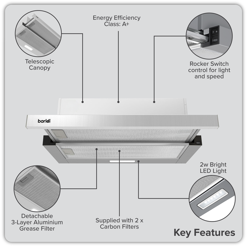 SEALEY DH286 Baridi Telescopic Cooker Hood with Aluminium Filters 60cm - Stainless Steel