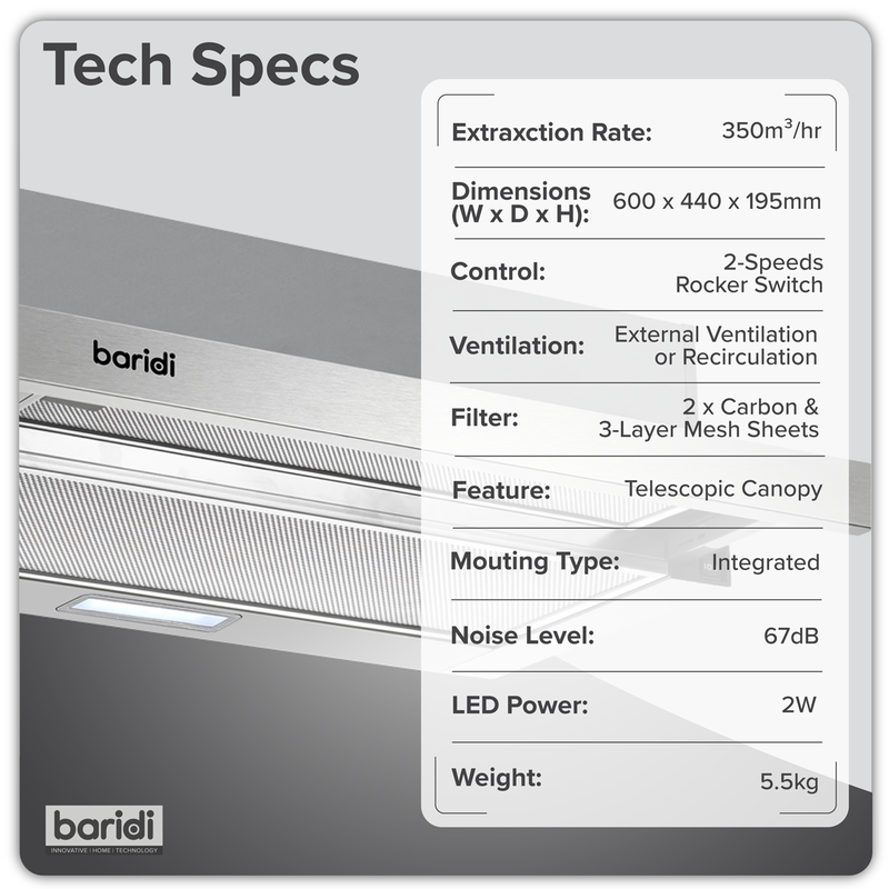 SEALEY DH286 Baridi Telescopic Cooker Hood with Aluminium Filters 60cm - Stainless Steel