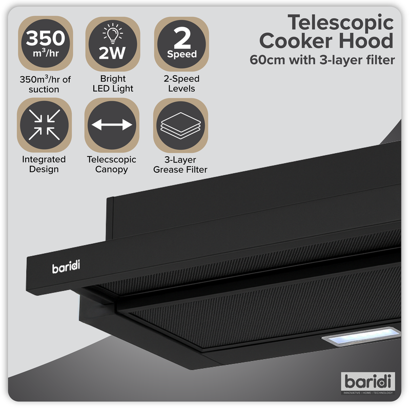 SEALEY DH287 Baridi Telescopic Cooker Hood with Aluminium Filters 60cm - Black