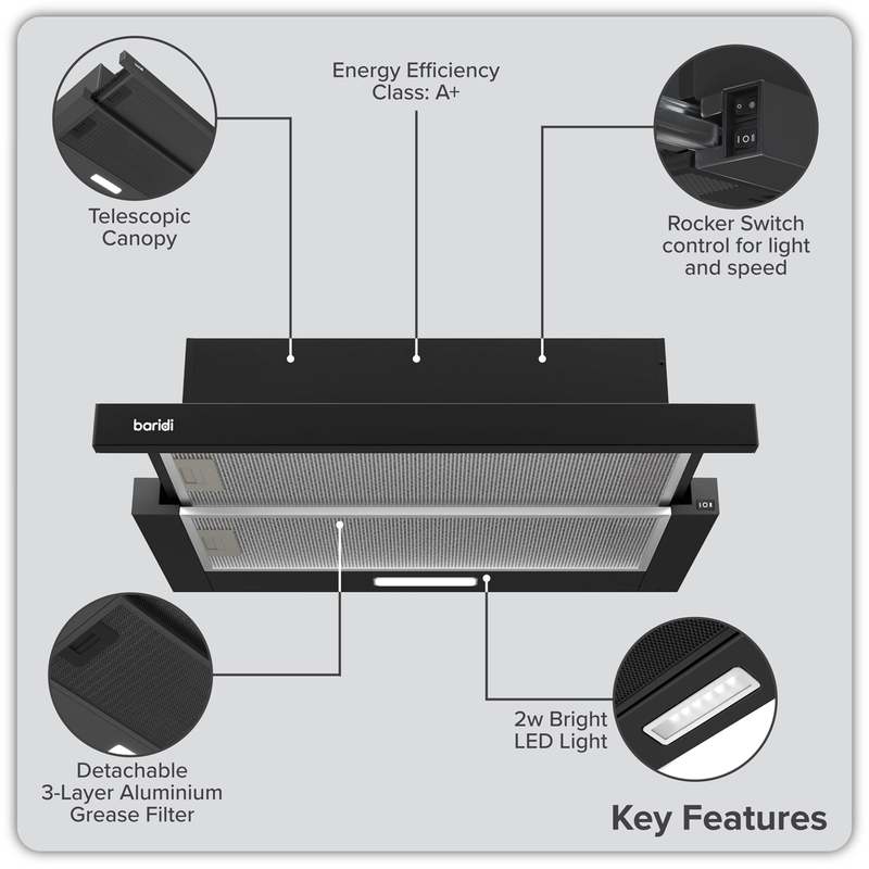SEALEY DH287 Baridi Telescopic Cooker Hood with Aluminium Filters 60cm - Black
