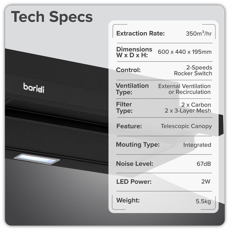 SEALEY DH287 Baridi Telescopic Cooker Hood with Aluminium Filters 60cm - Black