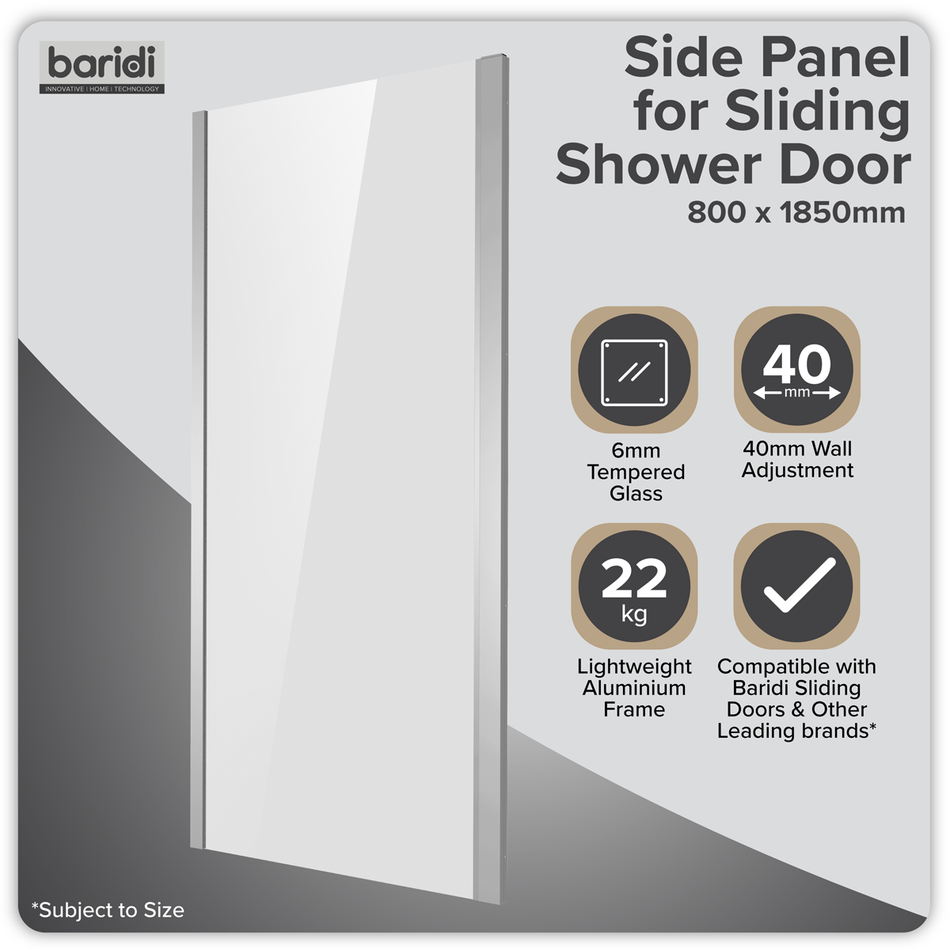 Baridi DH296 Side Panel for Sliding Shower Doors, 6mm Tempered Glass - Chrome