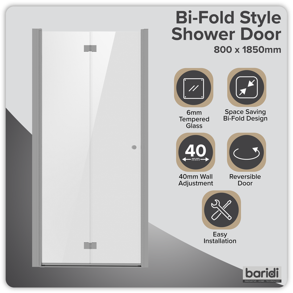 Sealey DH305 Bi-Fold Shower Door 800 x 1850mm, 6mm Tempered Glass, Reversible - Chrome