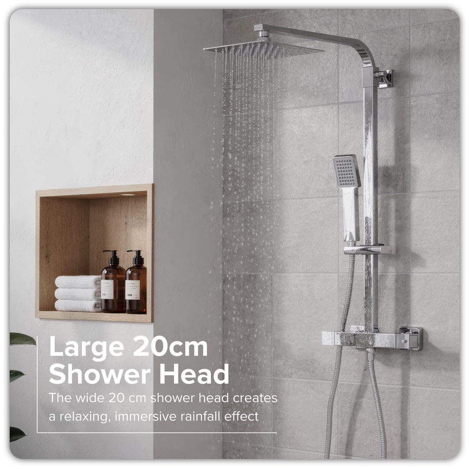 Sealey DH316 Thermostatic Shower Mixer Set, 20x20cm Square Head, Adjustable Rail - Chrome