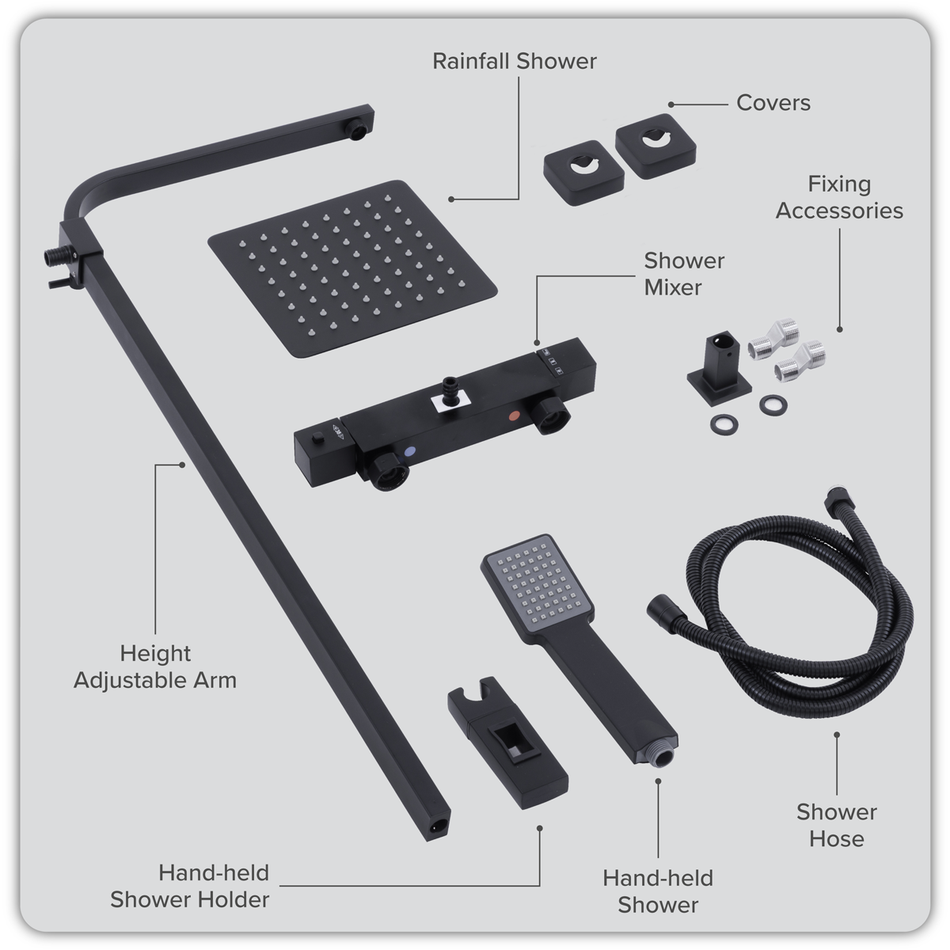 Sealey DH317 Thermostatic Shower Mixer Set, 20x20cm Square Head, Adjustable Rail - Black