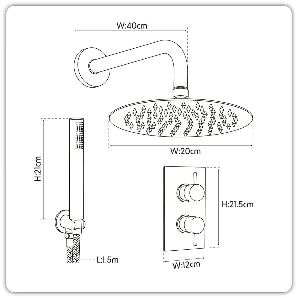 Sealey DH319 Concealed Thermostatic Shower Set, 20cm Round Head & Hand Shower - Black