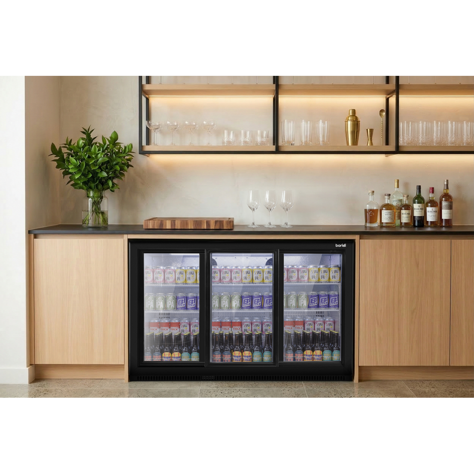 Baridi DH337 Back Bar Drinks Fridge/Cooler with Triple Sliding Door & Security Lock 307L - Black