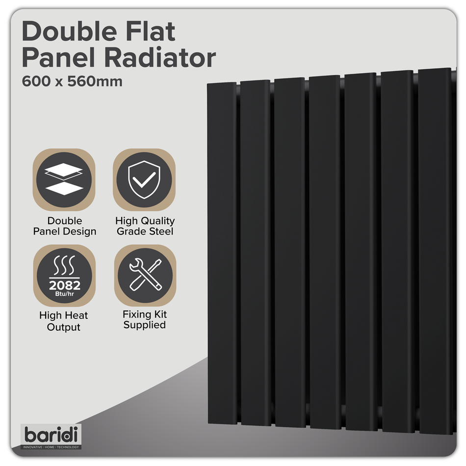 Baridi DH344 Horizontal Radiator Contemporary Double Flat Panel Design 600 x 560mm – Black