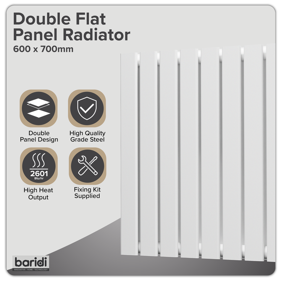 Baridi DH350 Horizontal Radiator Contemporary Double Flat Panel Design 600 x 700mm - White