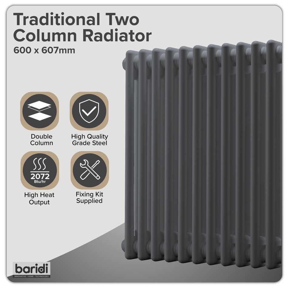 Baridi DH357 Horizontal Traditional 2 Column Radiator 600 x 607mm – Anthracite