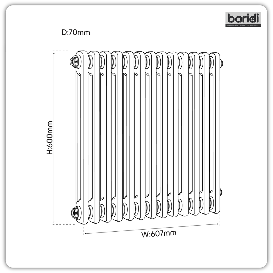 Baridi DH362 Horizontal Traditional 2 Column Radiator 600 x 607mm – Black