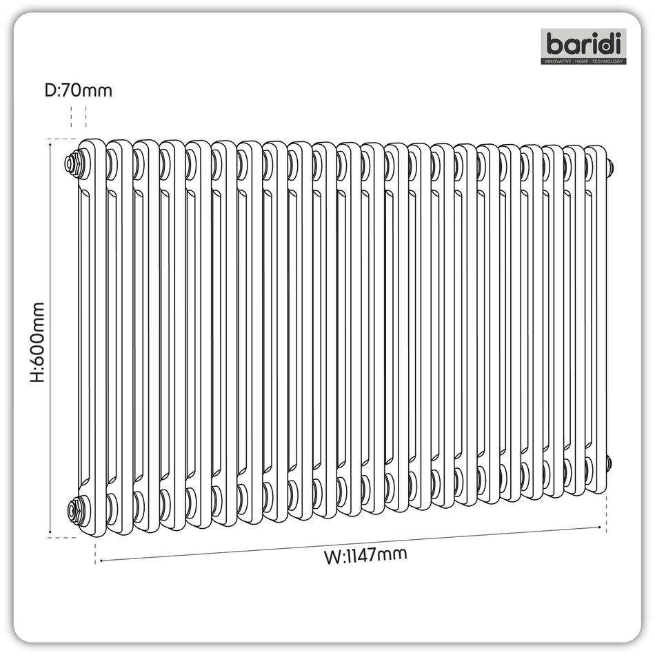 Baridi DH365 Horizontal Traditional 2 Column Radiator 600 x 1147mm – Black