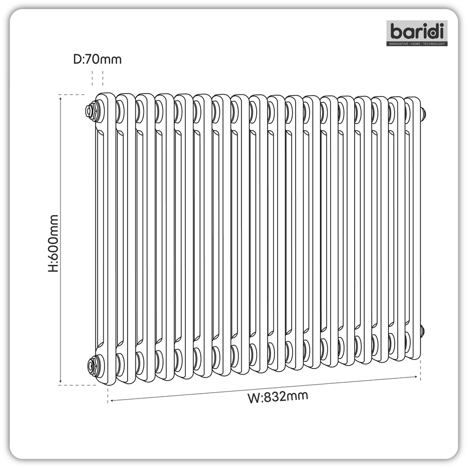 Baridi DH368 Horizontal Traditional 2 Column Radiator 600 x 832mm – White