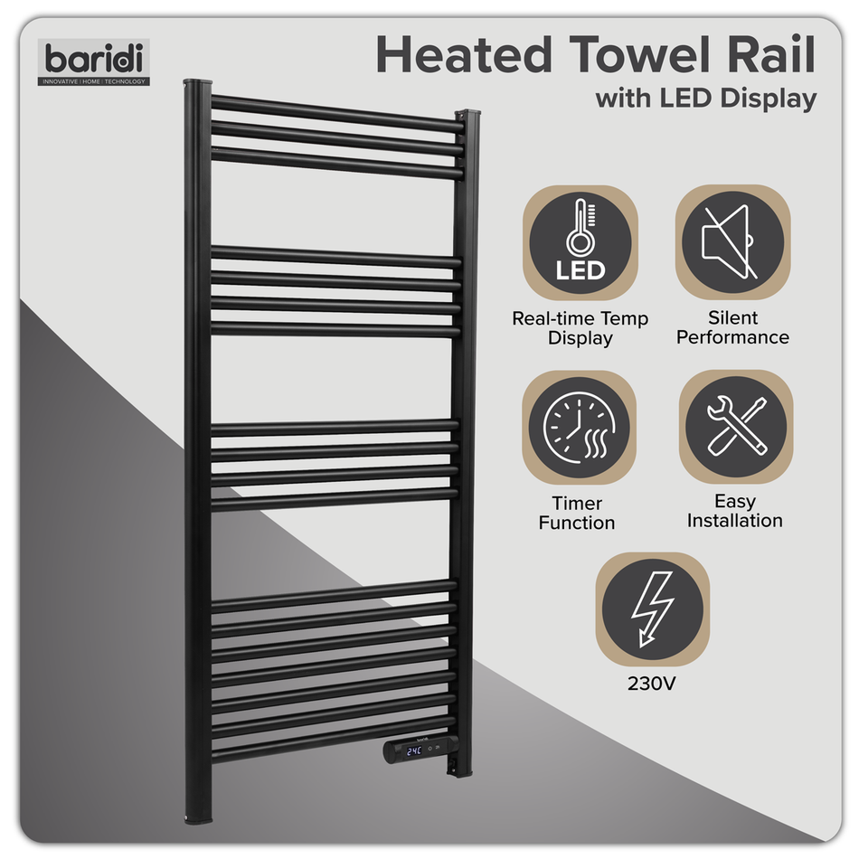 Baridi DH371 Electric Heated Towel Rail 1085 x 535mm with LED Display – Black