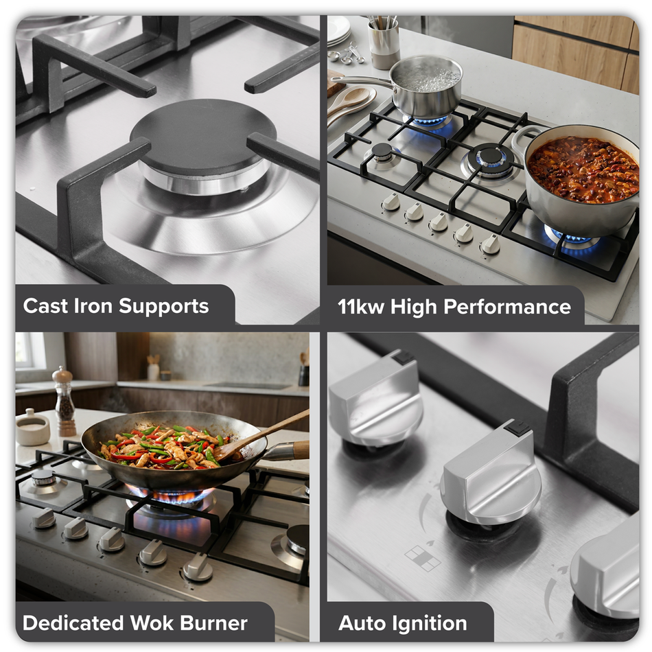 Baridi DH382 90cm Gas Hob Stainless Steel with 5 Burners, Cast Iron Supports & Auto Ignition 11kW
