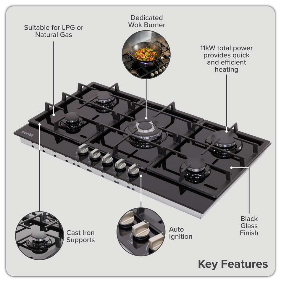 Baridi DH383 90cm Gas Hob Black Glass with 5 Burners, Cast Iron Supports & Auto Ignition 11kW