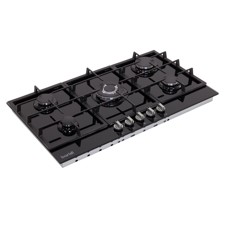 Baridi DH383 90cm Gas Hob Black Glass with 5 Burners, Cast Iron Supports & Auto Ignition 11kW