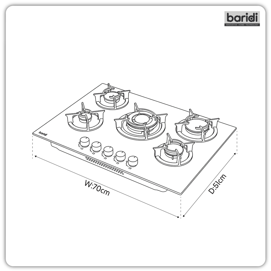 Baridi DH384 70cm Gas Hob Matt Black with 5 Burners, Cast Iron Supports & Auto Ignition 10.4kW