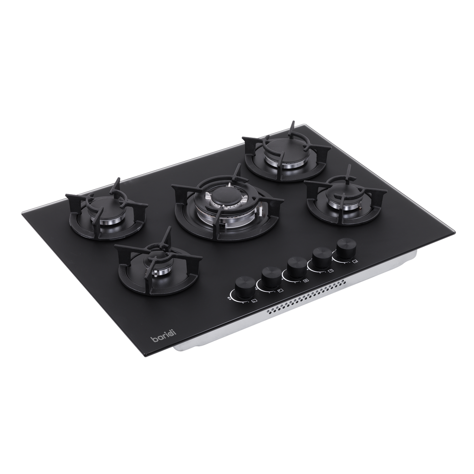 Baridi DH384 70cm Gas Hob Matt Black with 5 Burners, Cast Iron Supports & Auto Ignition 10.4kW
