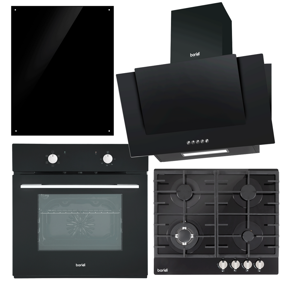 Baridi DH391 Kitchen Appliance Bundle – Integrated Fan-Assisted Oven, Black Glass Gas Hob, Angled Chimney Cooker Hood & Black Glass Splashback – 60cm