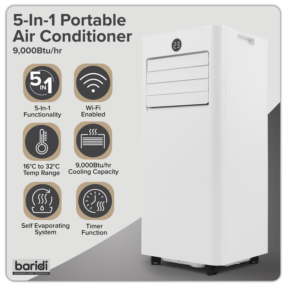 Baridi DH414 5-in-1 Portable Air Conditioner/Dehumidifier/Air Cooler with Window Sealing Kit 9,000Btu/hr - White