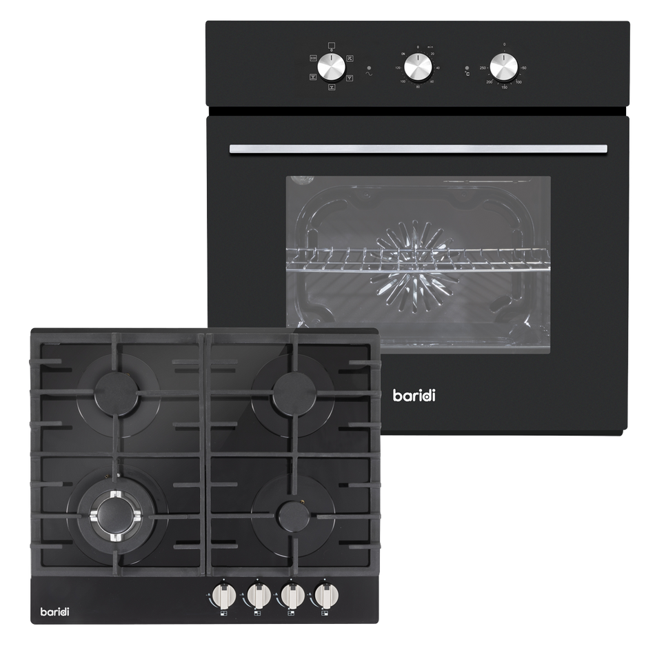 Baridi DH448 Integrated Fan-Assisted Oven with Timer & Black Glass Gas Hob Appliance Bundle – 60cm