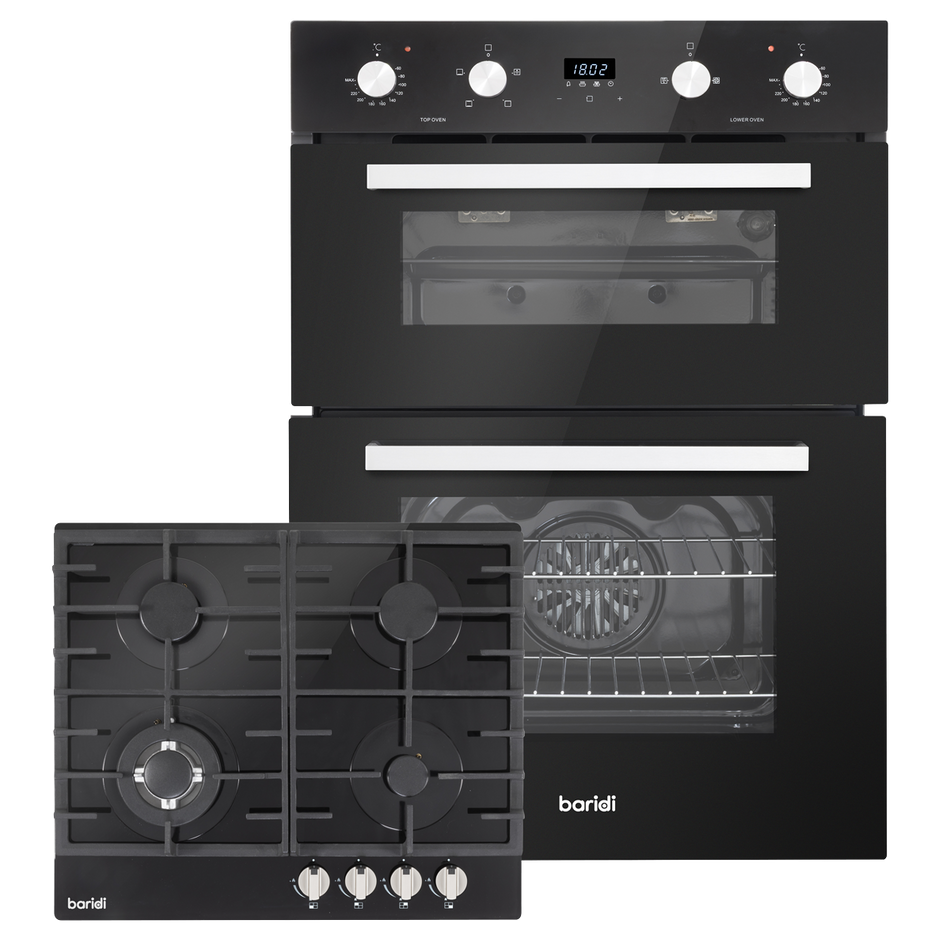 Baridi DH449 72cm Built-Under Double Oven & Black Glass Gas Hob Appliance Bundle – 60cm Wide
