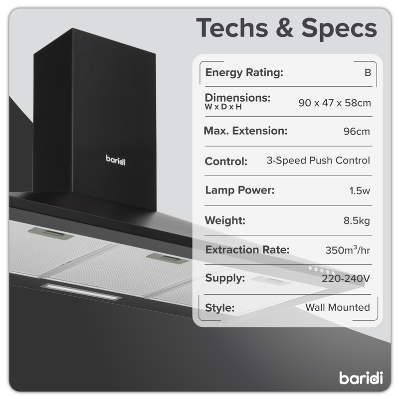 Baridi DH59  Cooker Hood, Chimney Style with Carbon Filters 90cm - Black