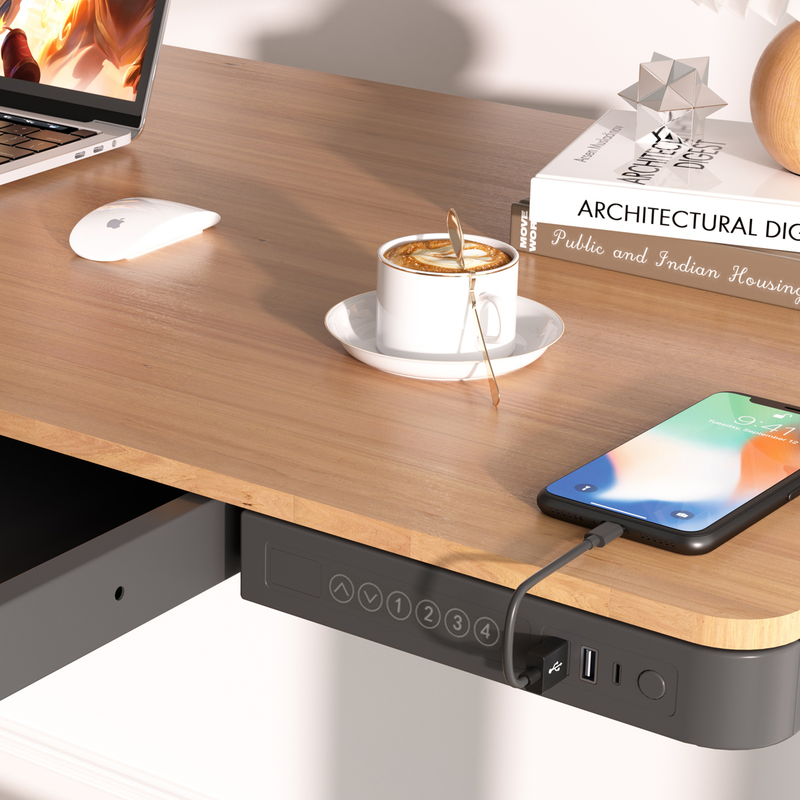 Dellonda DH65  Single Motor Ultra-Quiet Electric Desk with Control Panel, USB Port & Drawer - Oak Desktop