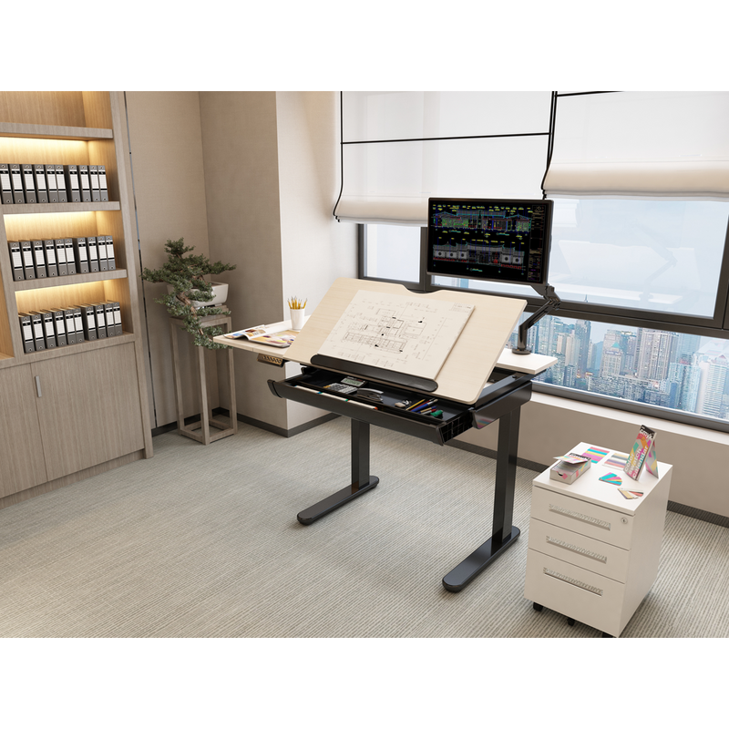 Dellonda DH71  Single Motor Ultra-Quiet Electric Adjustable Drawing Table with 40 degree Tilt, Drawer & Side Table