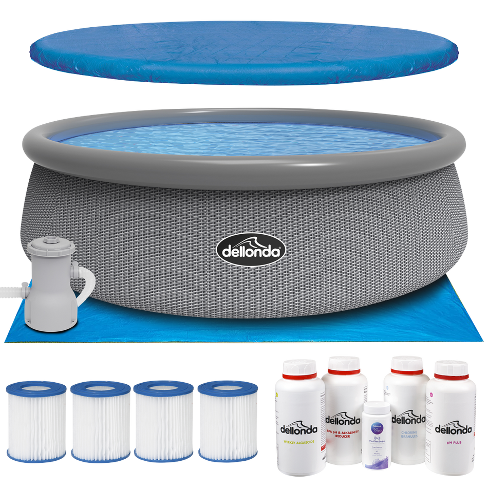 Dellonda DL136  Paddling/Swimming Pool & Pump with Cover, Ground Sheet, Test Strips, Starter Kit and Filters 15ft - Gray Rattan Effect