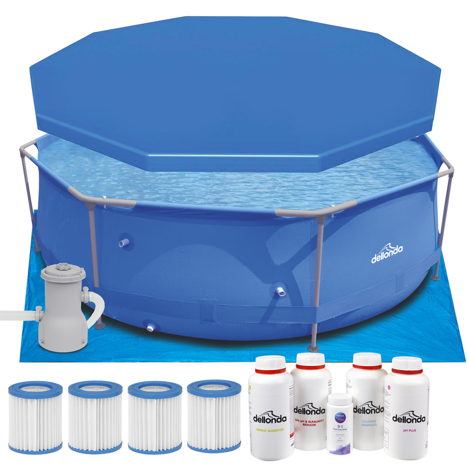 Dellonda DL137  Steel Frame Round Swimming Pool & Filter Pump with Cover, Ground Sheet, Test Strips, Starter Kit & Filters 10ft - Blue
